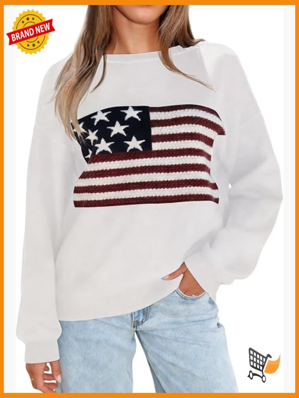 Women's Long Sleeve Pullover Sweater USA Flag Graphic Loose Fit Crewneck